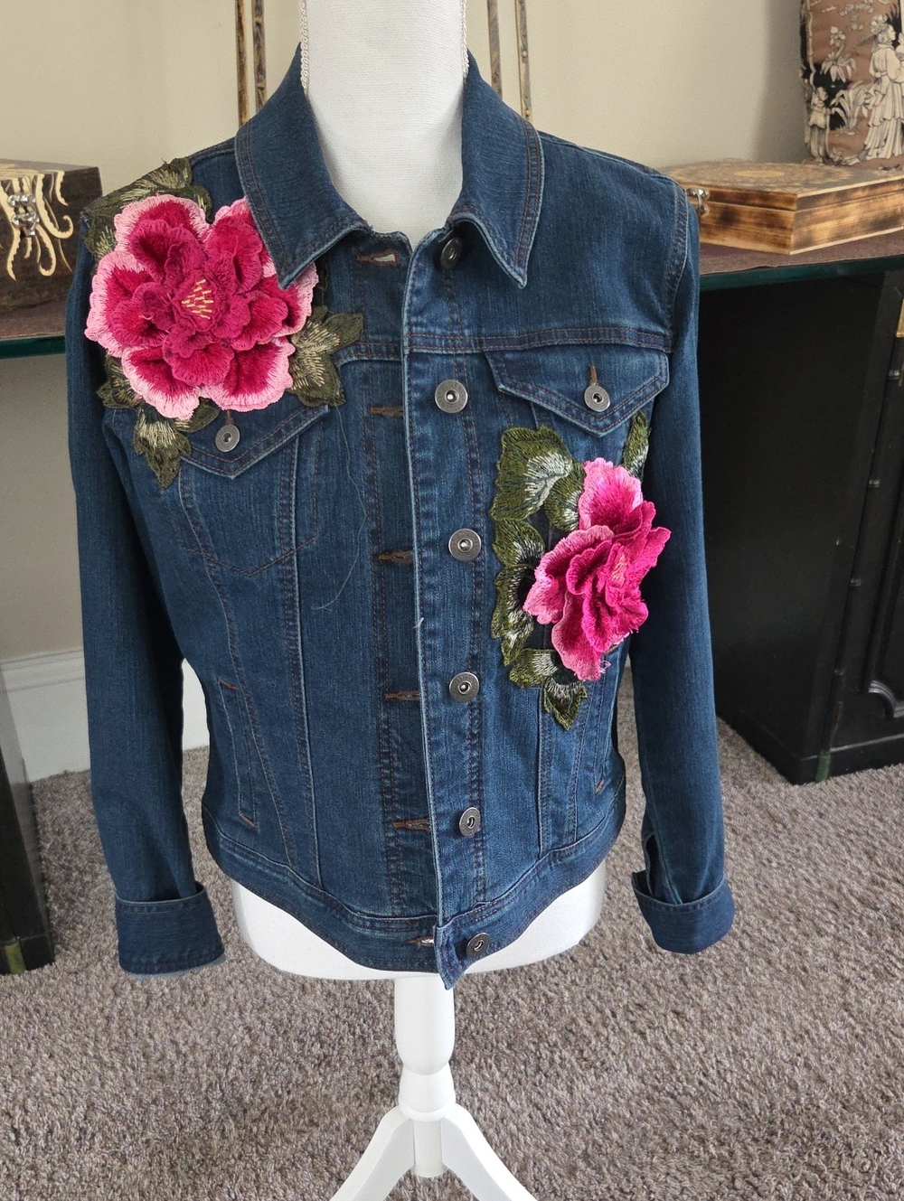 SuZy T Designs Vintage Dark Blue Denim Jacket with Floral Appliqués